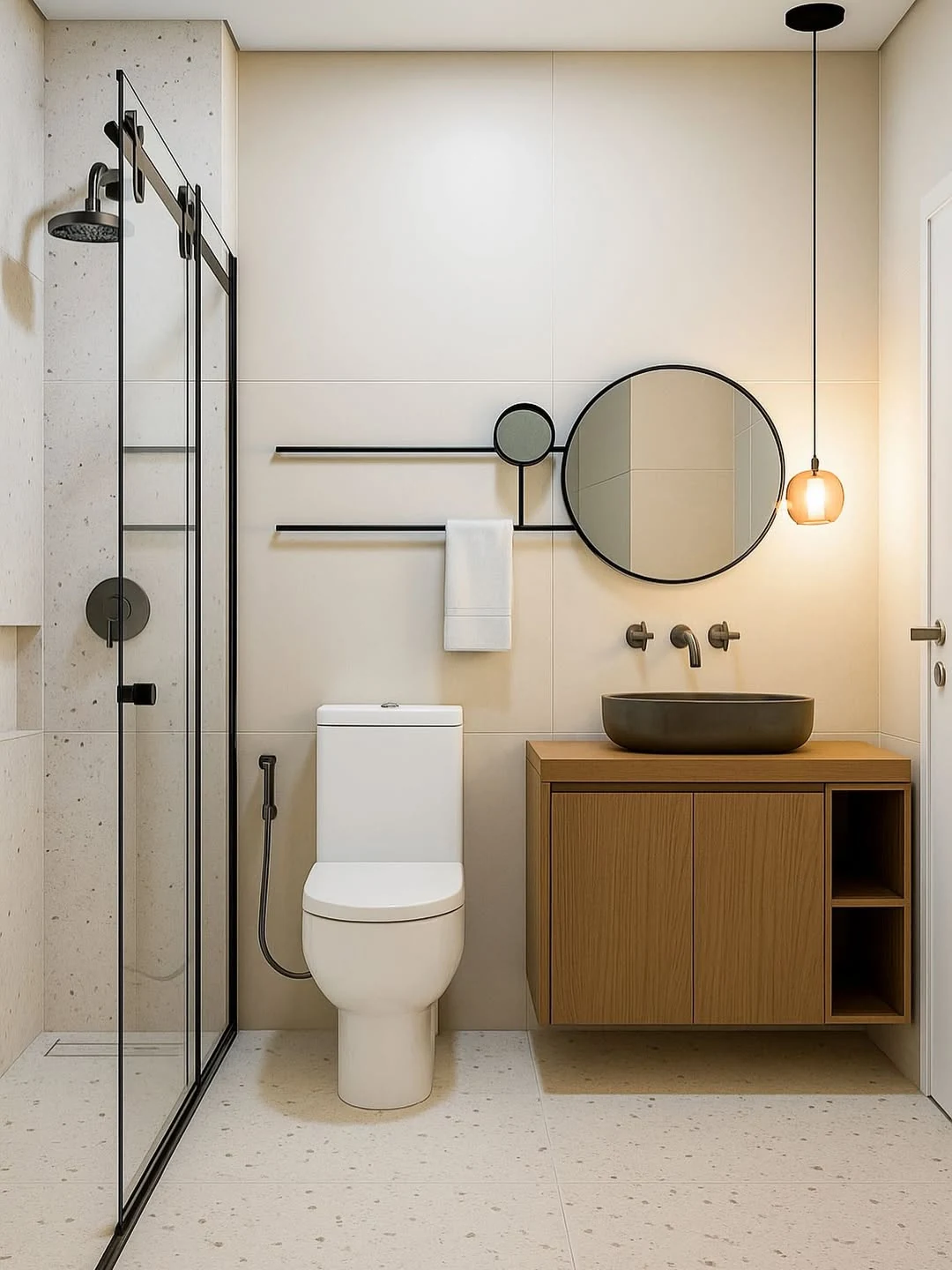 Banheiro com design aconchegante, elegante e contemporâneo